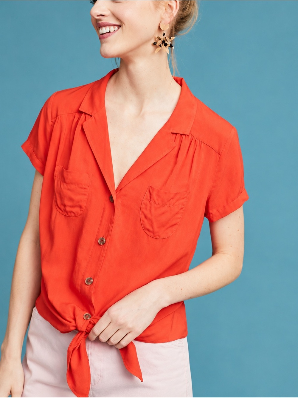 Anthropologie Maeve Orange Tie-Front Button Down Top Preppy Casual Size 14